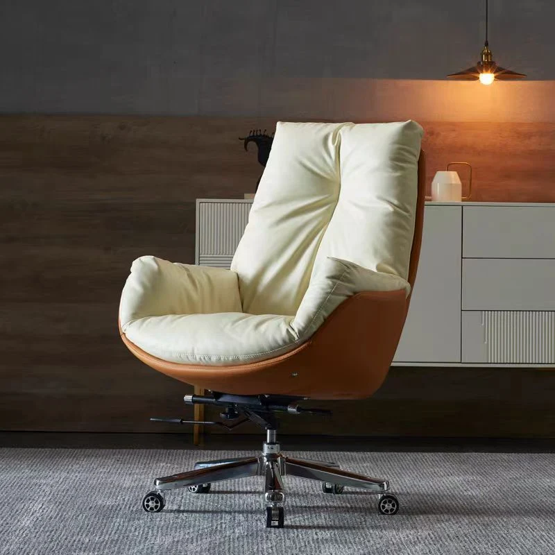 Modern Minimalist Microfiber Leather & Cowhide Square Seat Desk Chair With Armrest & Reclining Backrest For Home Office Or Study