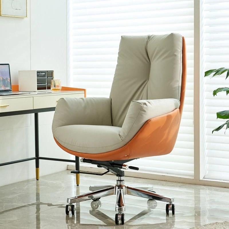 Modern Minimalist Microfiber Leather & Cowhide Square Seat Desk Chair With Armrest & Reclining Backrest For Home Office Or Study