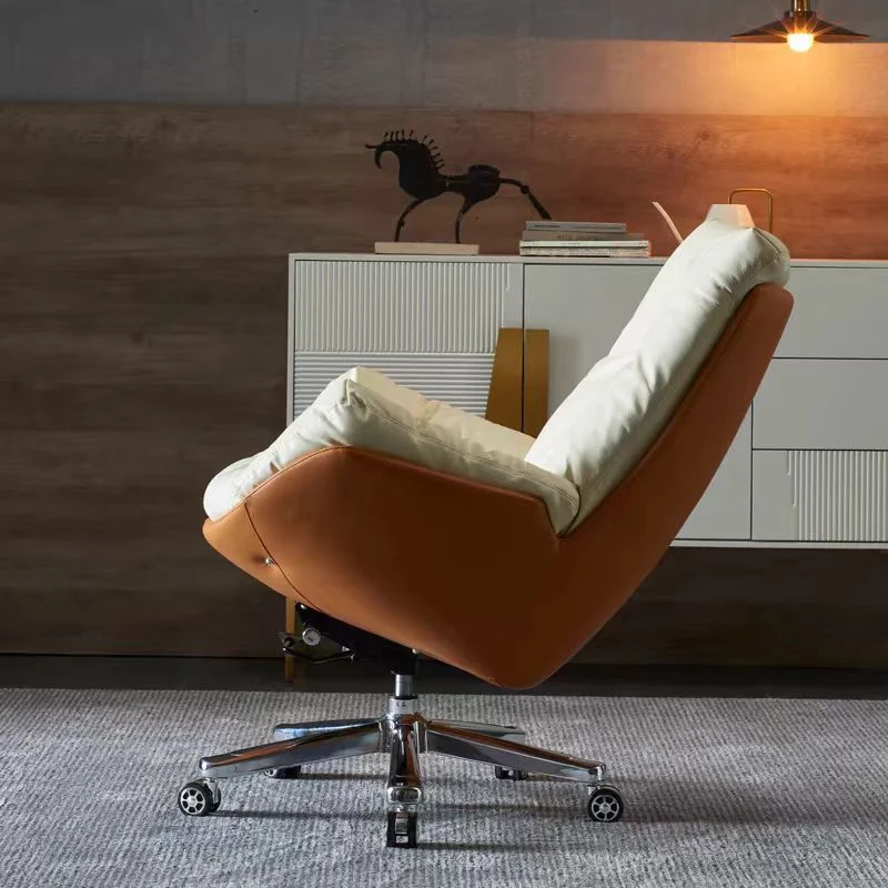 Modern Minimalist Microfiber Leather & Cowhide Square Seat Desk Chair With Armrest & Reclining Backrest For Home Office Or Study