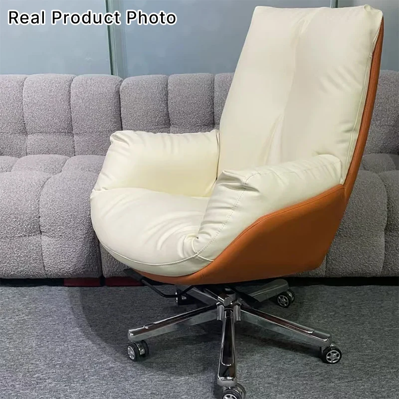 Modern Minimalist Microfiber Leather & Cowhide Square Seat Desk Chair With Armrest & Reclining Backrest For Home Office Or Study