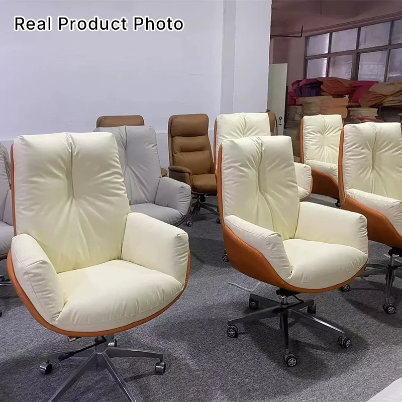 Modern Minimalist Microfiber Leather & Cowhide Square Seat Desk Chair With Armrest & Reclining Backrest For Home Office Or Study