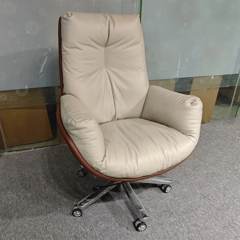 Modern Minimalist Microfiber Leather & Cowhide Square Seat Desk Chair With Armrest & Reclining Backrest For Home Office Or Study