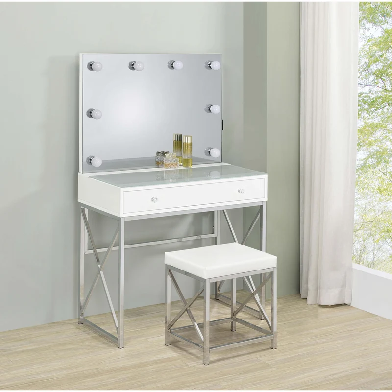 Coaster Furniture Eliza 936164 Vanity Set with Lighting & Stool - White and Chrome