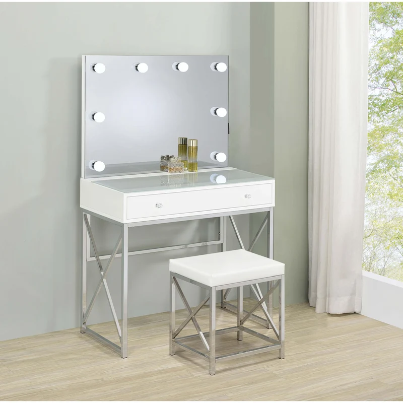 Coaster Furniture Eliza 936164 Vanity Set with Lighting & Stool - White and Chrome