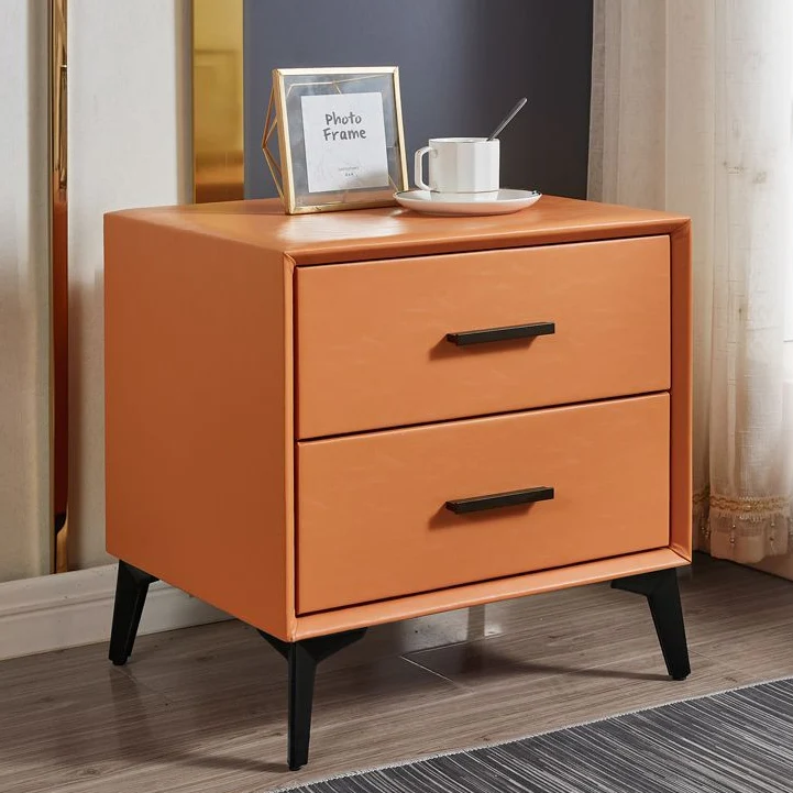 Modern Minimalist Medium-Density Fiberboard PU Leather Metal Square Nightstand With 2 Drawers For Bedroom