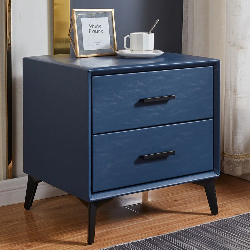 Modern Minimalist Medium-Density Fiberboard PU Leather Metal Square Nightstand With 2 Drawers For Bedroom