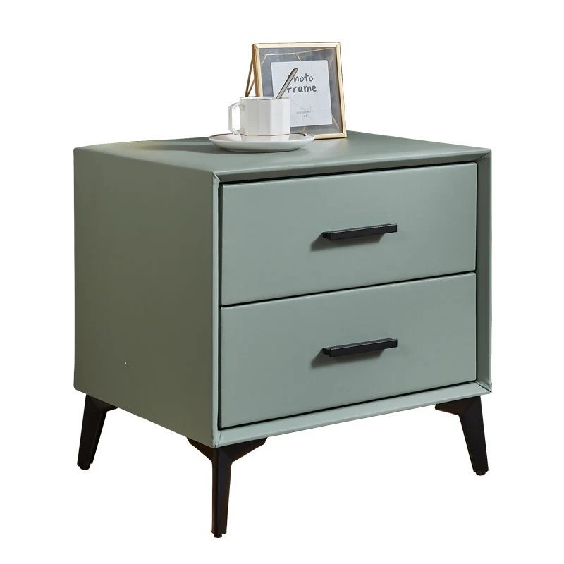 Modern Minimalist Medium-Density Fiberboard PU Leather Metal Square Nightstand With 2 Drawers For Bedroom