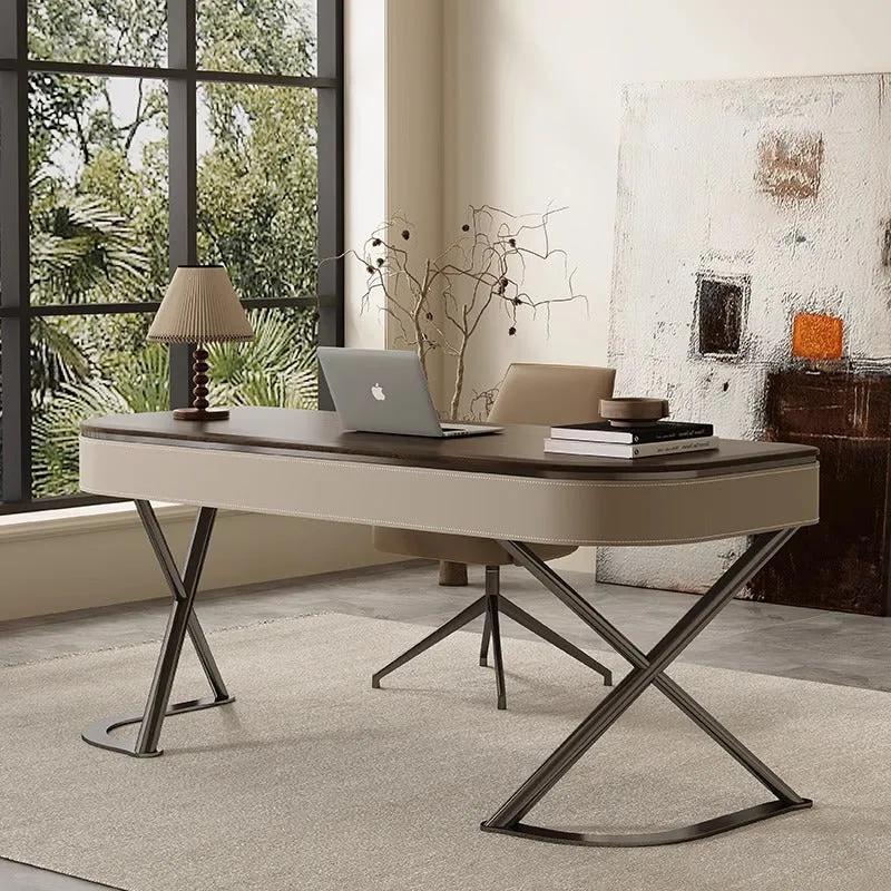 Modern Minimalist Saddle-Style Faux Leather Wood Stainless Steel Oval X-Shape Leg Desks 2-Drawer For Home Office