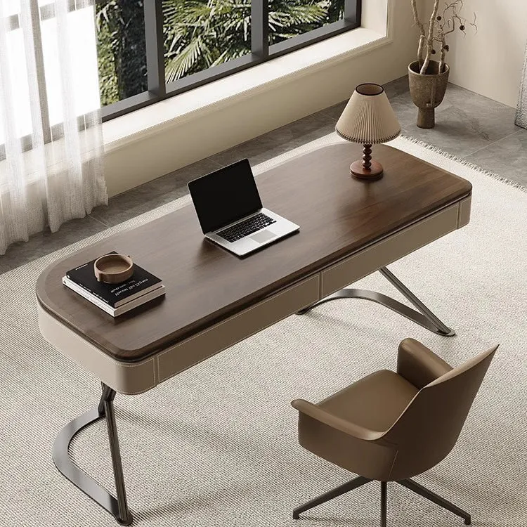 Modern Minimalist Saddle-Style Faux Leather Wood Stainless Steel Oval X-Shape Leg Desks 2-Drawer For Home Office