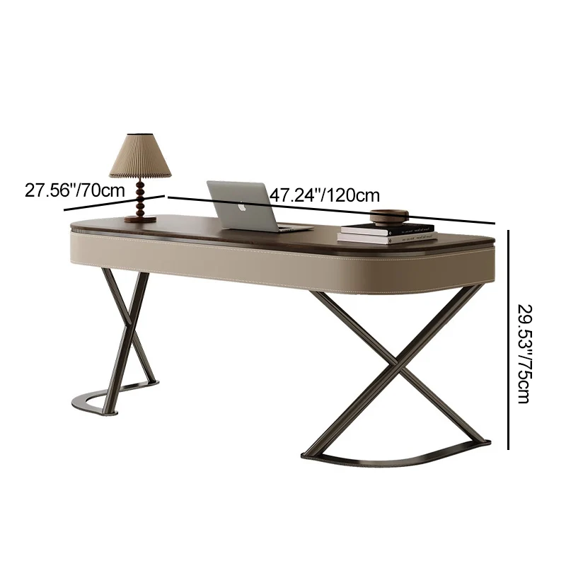 Modern Minimalist Saddle-Style Faux Leather Wood Stainless Steel Oval X-Shape Leg Desks 2-Drawer For Home Office