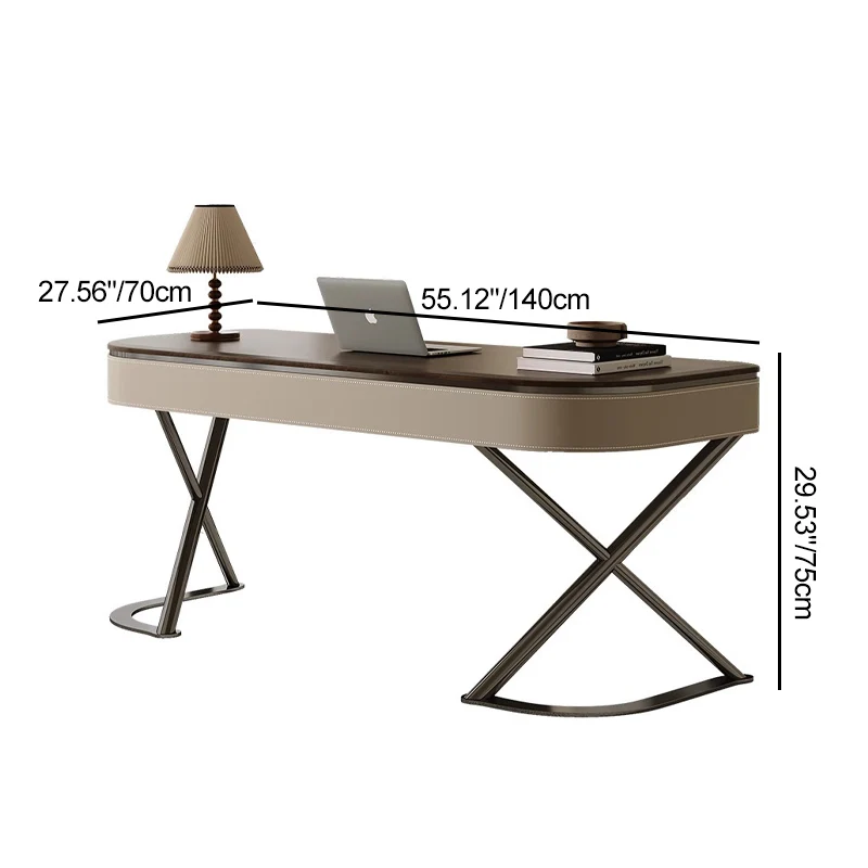 Modern Minimalist Saddle-Style Faux Leather Wood Stainless Steel Oval X-Shape Leg Desks 2-Drawer For Home Office