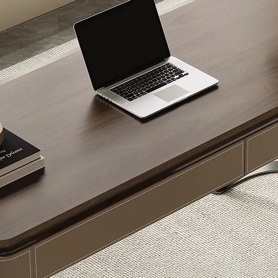 Modern Minimalist Saddle-Style Faux Leather Wood Stainless Steel Oval X-Shape Leg Desks 2-Drawer For Home Office