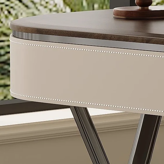Modern Minimalist Saddle-Style Faux Leather Wood Stainless Steel Oval X-Shape Leg Desks 2-Drawer For Home Office