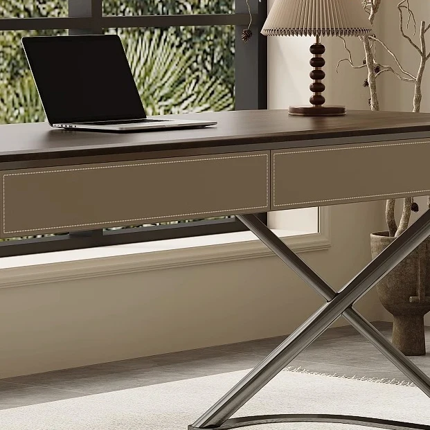 Modern Minimalist Saddle-Style Faux Leather Wood Stainless Steel Oval X-Shape Leg Desks 2-Drawer For Home Office