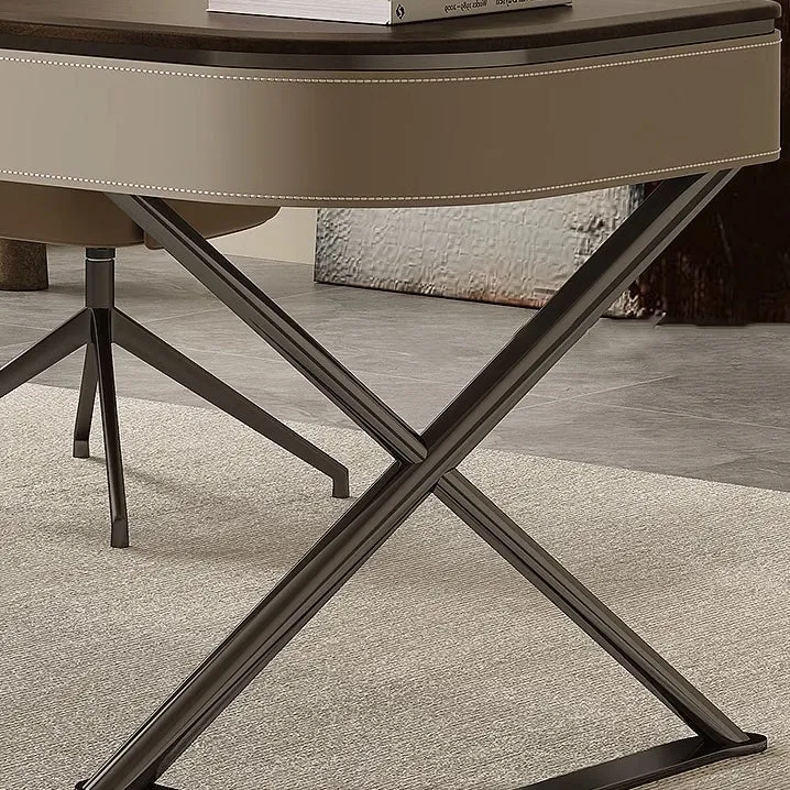 Modern Minimalist Saddle-Style Faux Leather Wood Stainless Steel Oval X-Shape Leg Desks 2-Drawer For Home Office