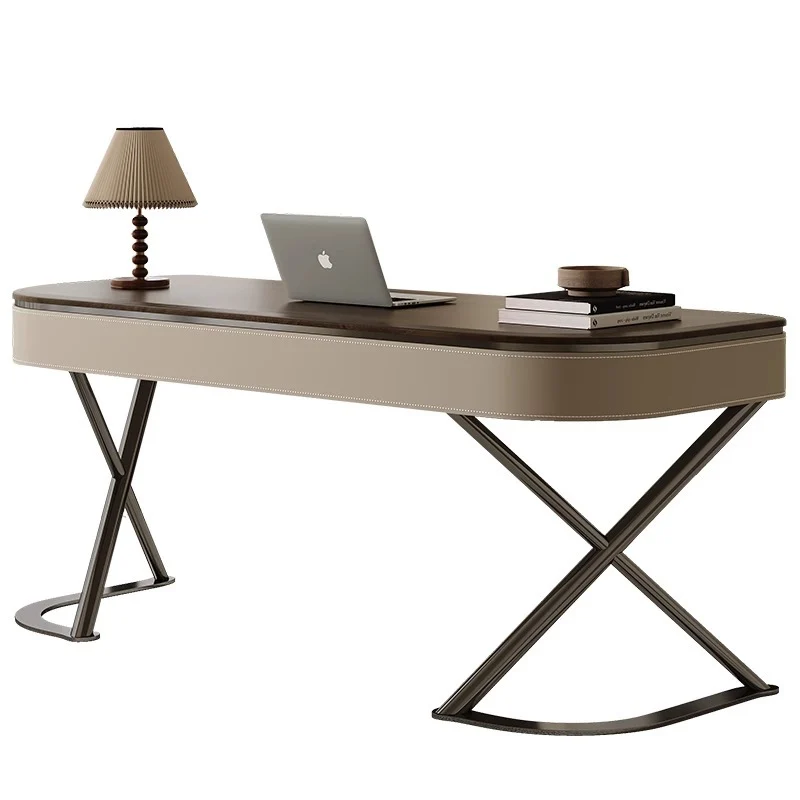 Modern Minimalist Saddle-Style Faux Leather Wood Stainless Steel Oval X-Shape Leg Desks 2-Drawer For Home Office