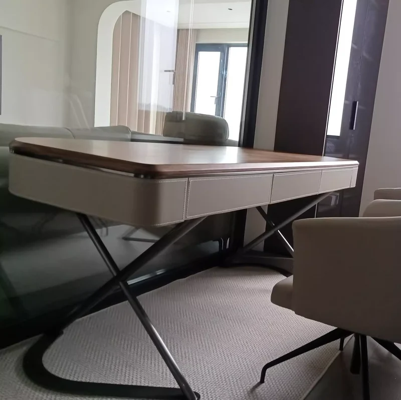 Modern Minimalist Saddle-Style Faux Leather Wood Stainless Steel Oval X-Shape Leg Desks 2-Drawer For Home Office