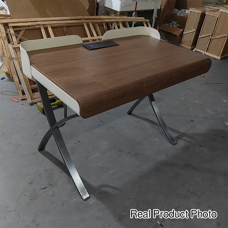 Modern Transitional Saddle-Style Faux Leather Plywood Stainless Steel X-Shape Leg Wraparound Baffle Rectangular Desks 2-Drawer For Home Office