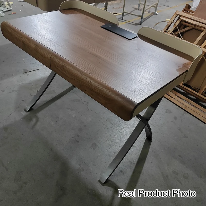 Modern Transitional Saddle-Style Faux Leather Plywood Stainless Steel X-Shape Leg Wraparound Baffle Rectangular Desks 2-Drawer For Home Office