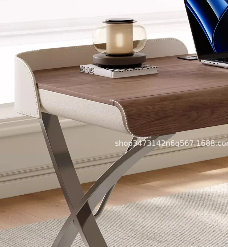 Modern Transitional Saddle-Style Faux Leather Plywood Stainless Steel X-Shape Leg Wraparound Baffle Rectangular Desks 2-Drawer For Home Office