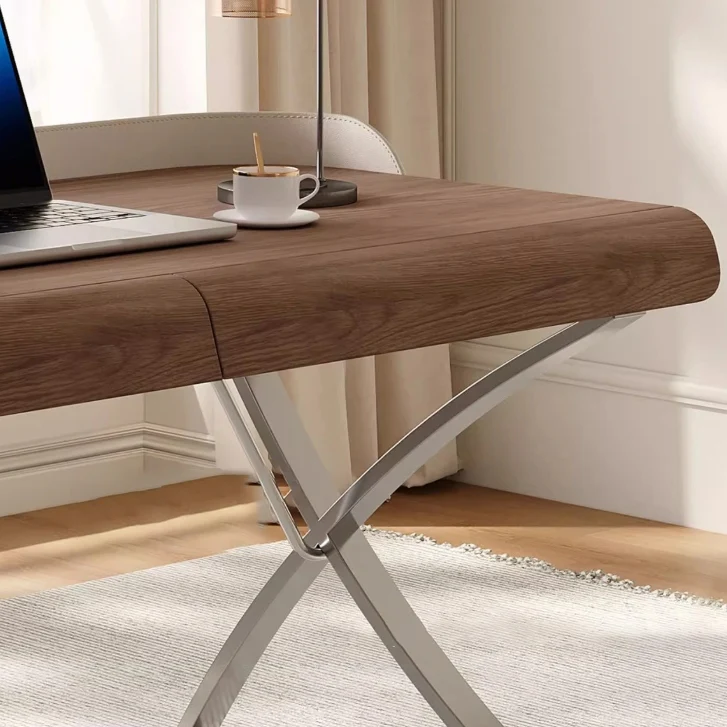 Modern Transitional Saddle-Style Faux Leather Plywood Stainless Steel X-Shape Leg Wraparound Baffle Rectangular Desks 2-Drawer For Home Office