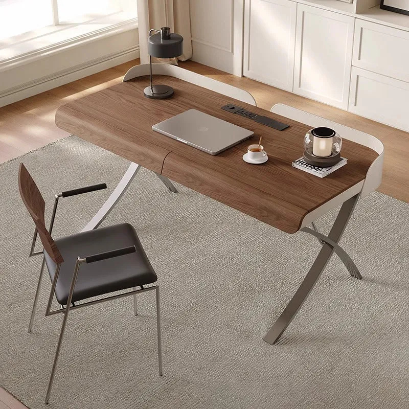 Modern Transitional Saddle-Style Faux Leather Plywood Stainless Steel X-Shape Leg Wraparound Baffle Rectangular Desks 2-Drawer For Home Office