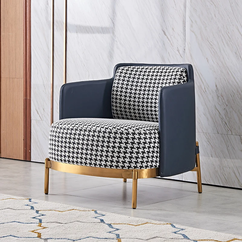 Contemporary Scandinavian Round Kilobird Check Faux Leather Fabric Metal Sponge Accent Chair Backrest Armrest For Living Room