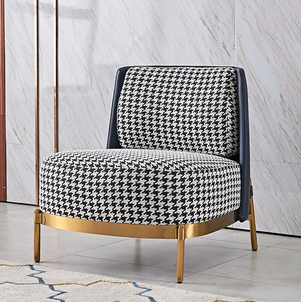 Contemporary Scandinavian Round Kilobird Check Faux Leather Fabric Metal Sponge Accent Chair Backrest Armrest For Living Room