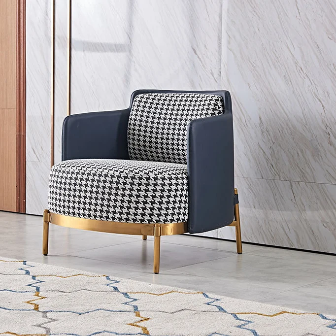 Contemporary Scandinavian Round Kilobird Check Faux Leather Fabric Metal Sponge Accent Chair Backrest Armrest For Living Room
