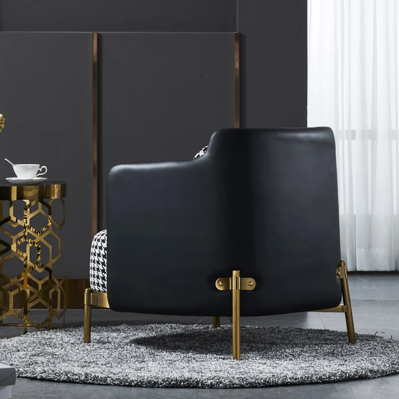 Contemporary Scandinavian Round Kilobird Check Faux Leather Fabric Metal Sponge Accent Chair Backrest Armrest For Living Room