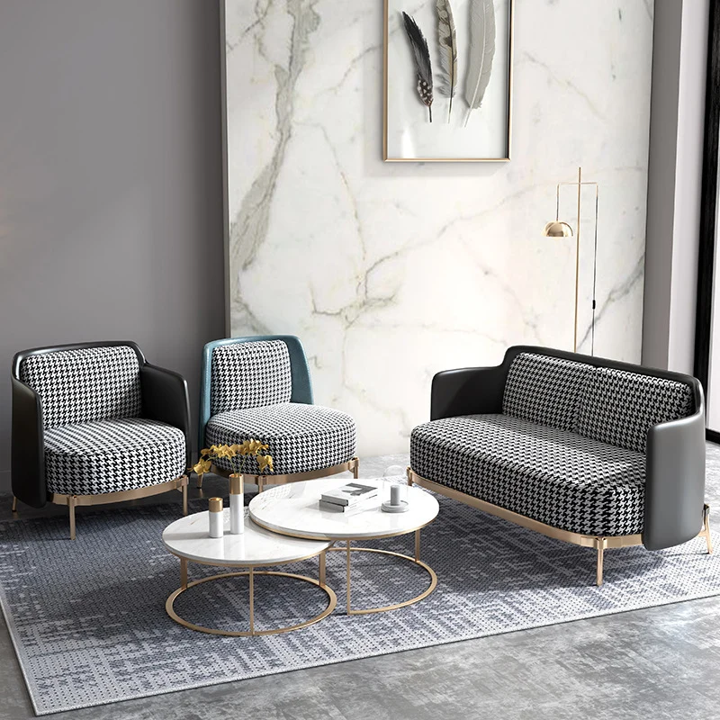 Contemporary Scandinavian Round Kilobird Check Faux Leather Fabric Metal Sponge Accent Chair Backrest Armrest For Living Room