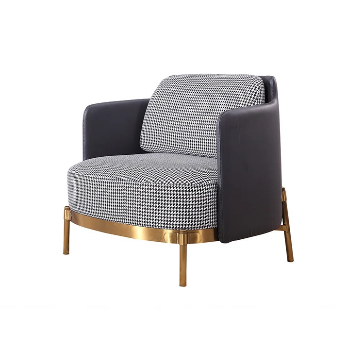 Contemporary Scandinavian Round Kilobird Check Faux Leather Fabric Metal Sponge Accent Chair Backrest Armrest For Living Room