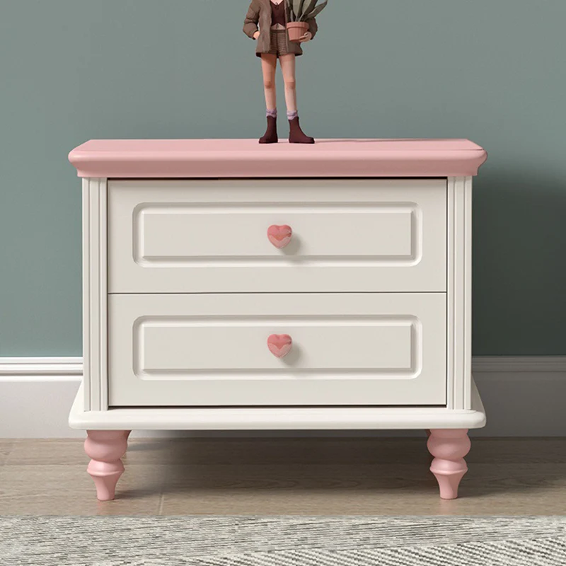 Modern Art Deco Solid Wood Rectangular Nightstand With 2-Drawer For Girls' Bedroom