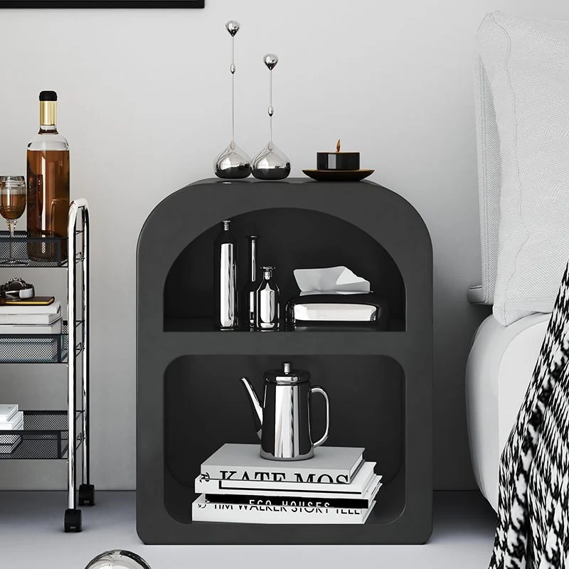 Modern Minimalist Engineered Wood Rounded Rectangle Nightstand With 2-Storage Compartments For Bedroom