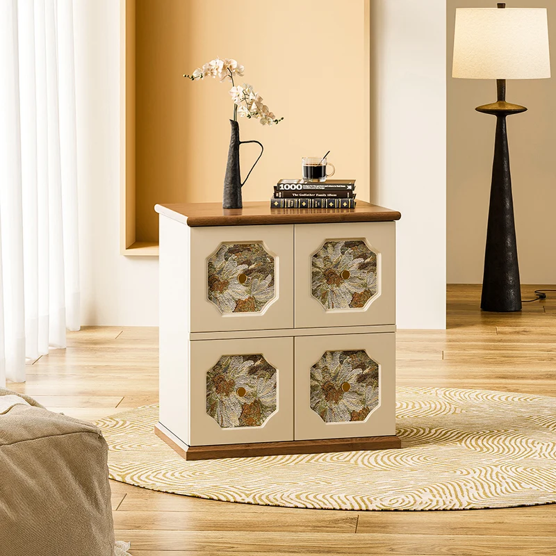Traditional French Rubberwood Pine Wood Plywood Floral-Textured Rectangular Nightstand 4-Drawer For Bedroom