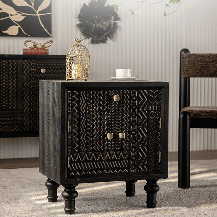 Traditional Farmhouse Geometric Cube Carved Pattern Fir Wood MDF Nightstand Drawer Storage Cabinet For Bedroom