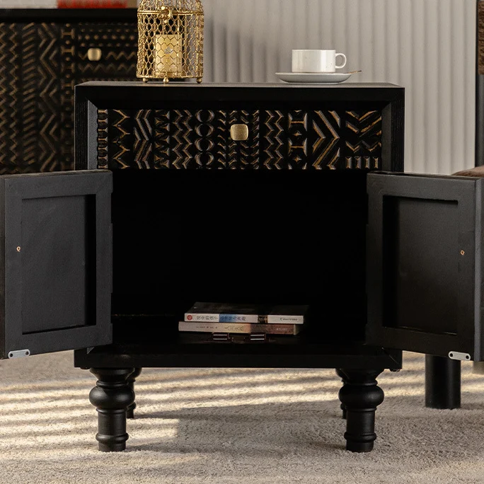 Traditional Farmhouse Geometric Cube Carved Pattern Fir Wood MDF Nightstand Drawer Storage Cabinet For Bedroom