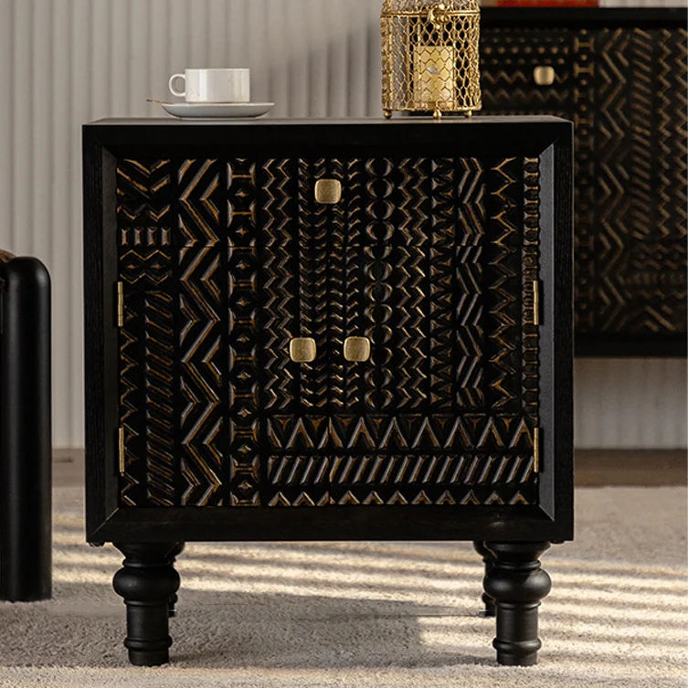 Traditional Farmhouse Geometric Cube Carved Pattern Fir Wood MDF Nightstand Drawer Storage Cabinet For Bedroom