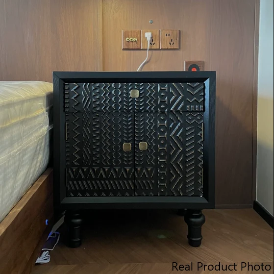 Traditional Farmhouse Geometric Cube Carved Pattern Fir Wood MDF Nightstand Drawer Storage Cabinet For Bedroom