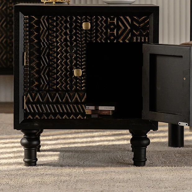 Traditional Farmhouse Geometric Cube Carved Pattern Fir Wood MDF Nightstand Drawer Storage Cabinet For Bedroom