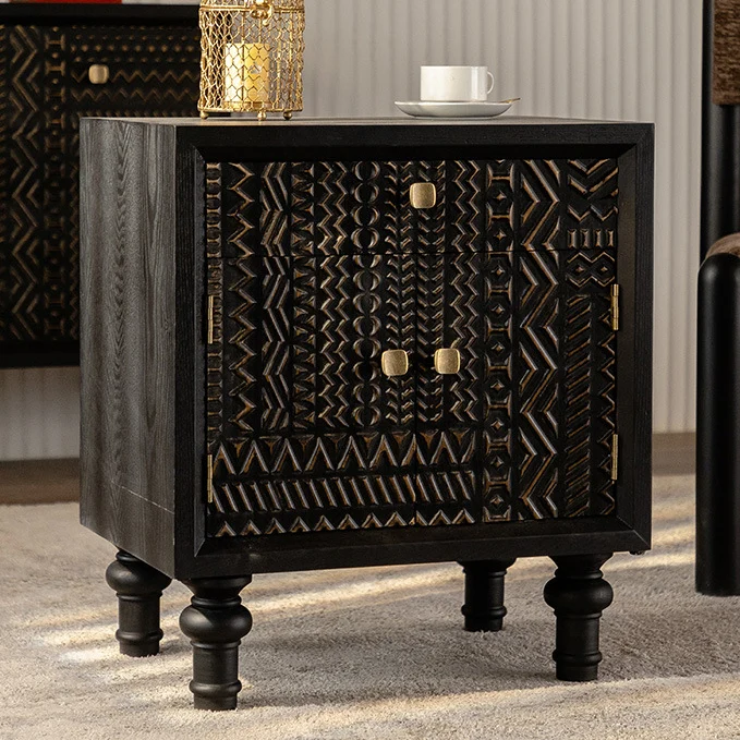 Traditional Farmhouse Geometric Cube Carved Pattern Fir Wood MDF Nightstand Drawer Storage Cabinet For Bedroom
