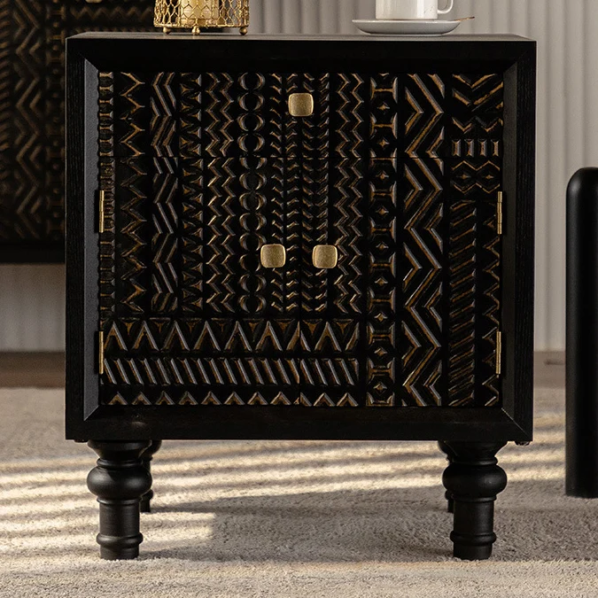 Traditional Farmhouse Geometric Cube Carved Pattern Fir Wood MDF Nightstand Drawer Storage Cabinet For Bedroom