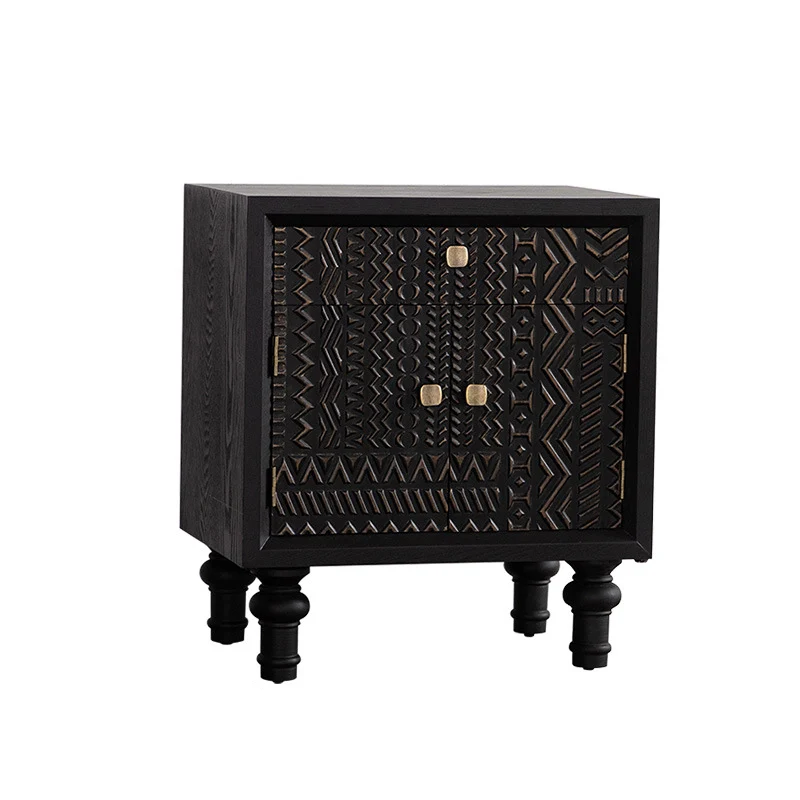 Traditional Farmhouse Geometric Cube Carved Pattern Fir Wood MDF Nightstand Drawer Storage Cabinet For Bedroom