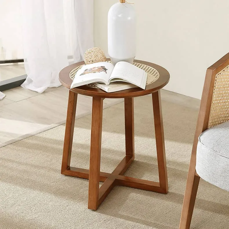 Traditional Japanese Faux Rattan Round Top Ash Wood Side Table For Living Room