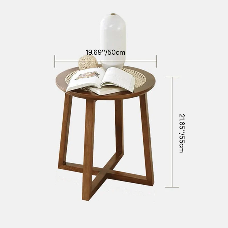 Traditional Japanese Faux Rattan Round Top Ash Wood Side Table For Living Room