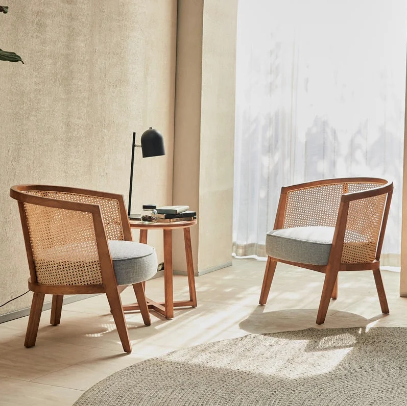 Traditional Japanese Faux Rattan Round Top Ash Wood Side Table For Living Room