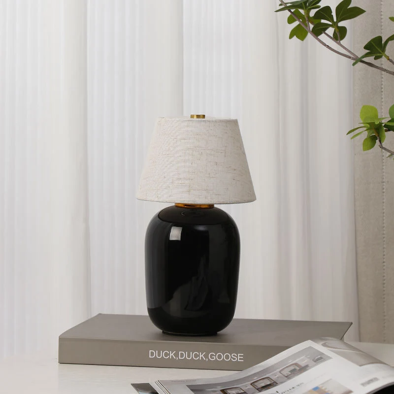 Contemporary Nordic Round Fabric Shade Ceramic 1-Light Table Lamp For Bedroom