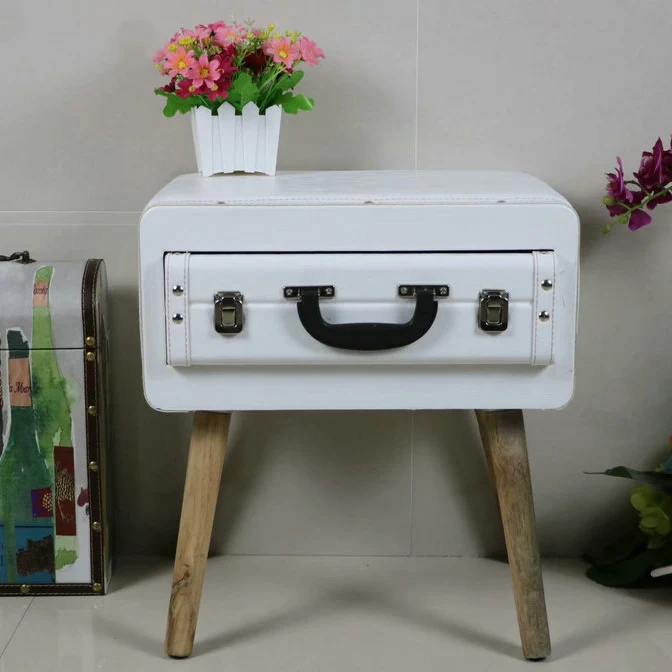 Traditional Vintage Rectangular Cube Box Artificial Board PU Leather Side Table 1 - Drawer For Living Room