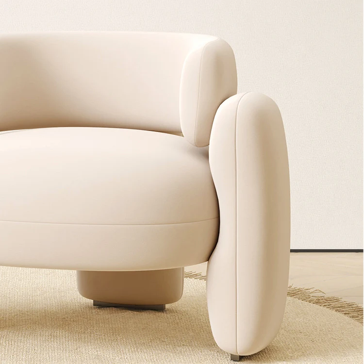 Contemporary Scandinavian Cream Round Curve Plywood Eucalyptus Wood Velvet Accent Chair Backrest Armrest For Living Room