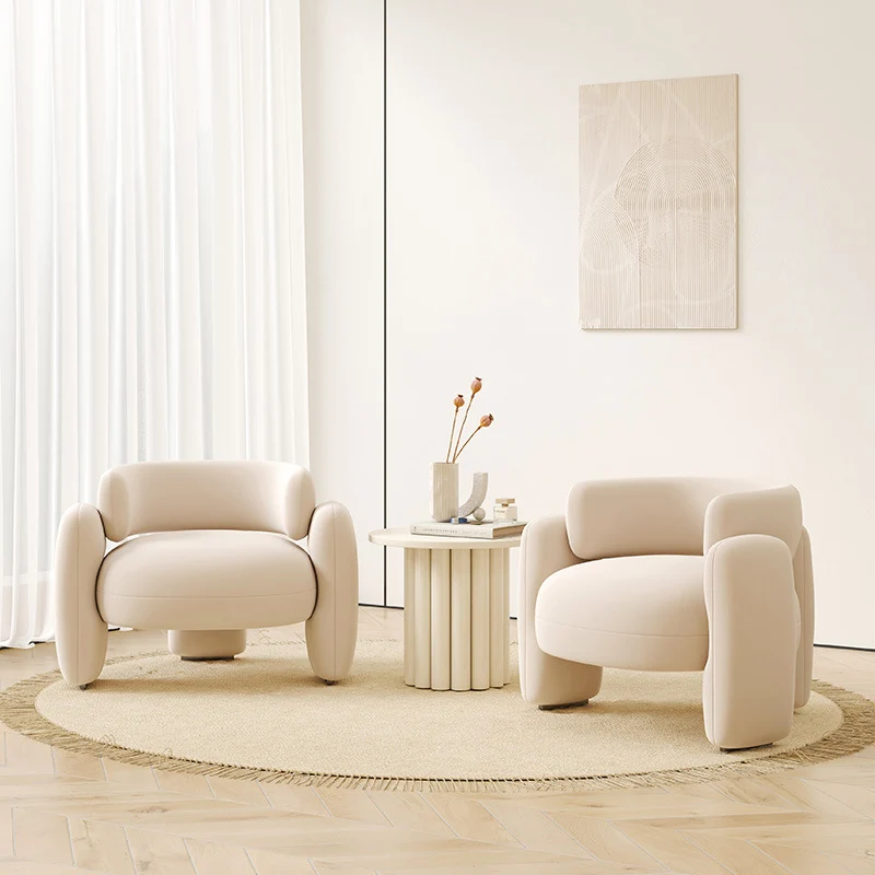 Contemporary Scandinavian Cream Round Curve Plywood Eucalyptus Wood Velvet Accent Chair Backrest Armrest For Living Room